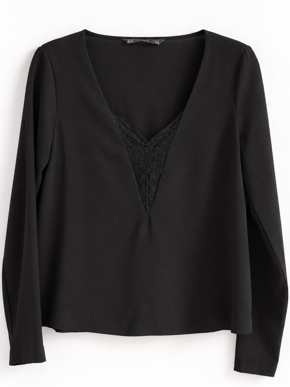 ZARA Black Long Sleeve V-Neck Blouse with Lace Detail | Size M